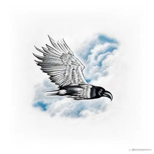 raven flying bettween black clouds tattoo design idea