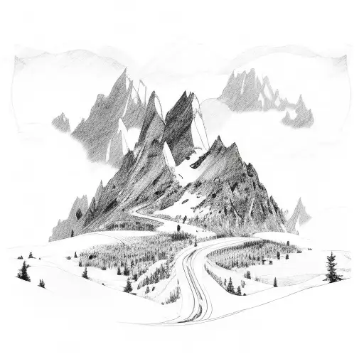 mountain range with road and fox body Mustang driving down the road  tattoo design idea