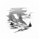 mountain range with road and fox body Mustang driving down the road  tattoo design idea