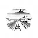 mountain range with road and fox body Mustang driving down the road  tattoo design idea