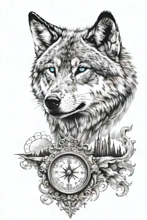 I want a tattoo design about a wolf face with blue eyes that flow into a compass with background for a half sleeve tatto tattoo design idea