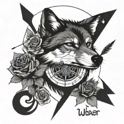 wolf with blue eyes, compass with an arrow through,Chinese symbol written message, roses, plane tattoo design idea