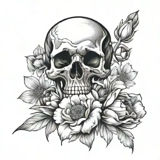 skull and aster and poppy flower tattoo design idea