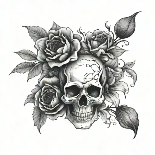 skull and aster and poppy flowers tattoo design idea