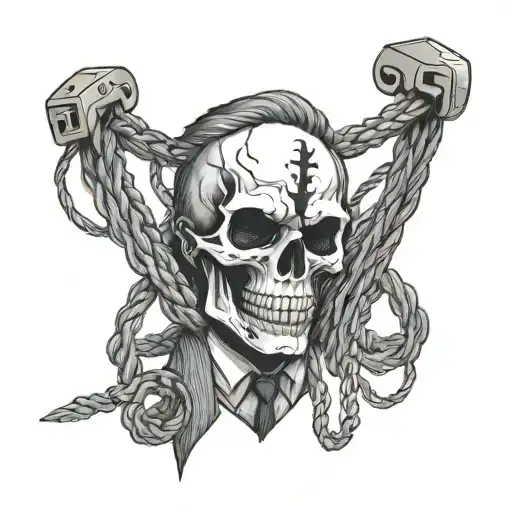 character split in two vertically, one half being a businessman with tidy hair suit tie, other half skull with noose tattoo design idea