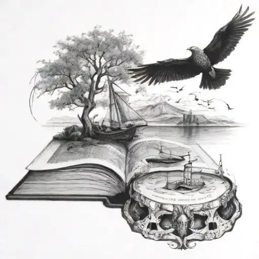 cuervo misterioso cuerpo completo, sobre un craneo, sobre libros con paisaje de ultra tumba  tattoo design idea