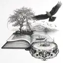 cuervo misterioso cuerpo completo, sobre un craneo, sobre libros con paisaje de ultra tumba  tattoo design idea