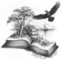 cuervo misterioso cuerpo completo, sobre un craneo, sobre libros con paisaje de ultra tumba  tattoo design idea
