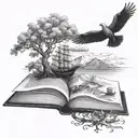 cuervo misterioso cuerpo completo, sobre un craneo, sobre libros con paisaje de ultra tumba  tattoo design idea
