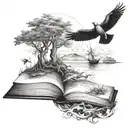 cuervo misterioso cuerpo completo, sobre un craneo, sobre libros con paisaje de ultra tumba  tattoo design idea