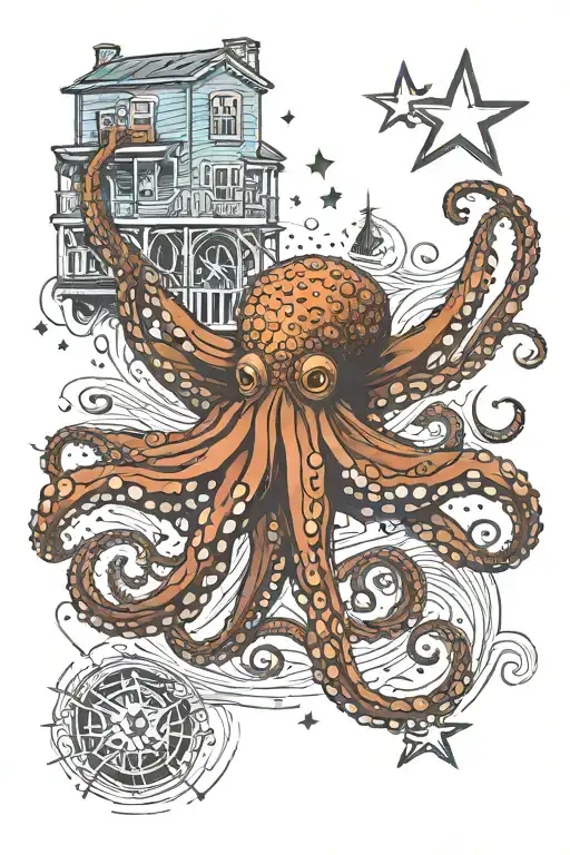 octopus and dock pilling stars tattoo design idea