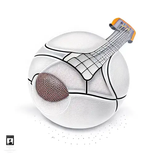 A minimalist tattoo design featuring a guitar and a basketball merging together, symbolizing the client's passions for music and sports tattoo design idea