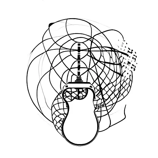 A minimalist tattoo design featuring a guitar and a basketball merging together, symbolizing the client's passions for music and sports tattoo design idea