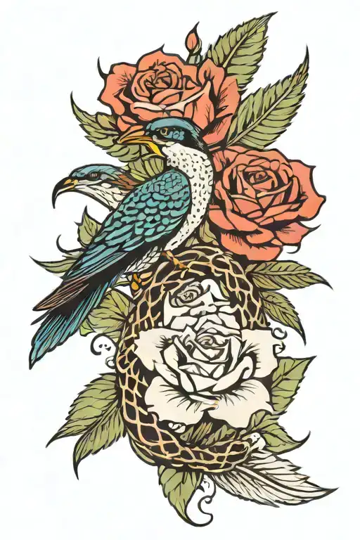viper and swallow bird near cactus leaf and roses tattoo design idea