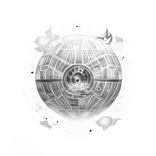 An ethereal Death Star floating in space, surrounded by celestial bodies and constellations inspired by Dungeons and Dragons tattoo design idea