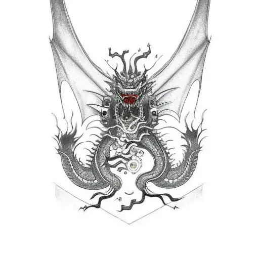 A mechanical dragon breathing fire, surrounded by intricate gears and symbols from Dungeons and Dragons tattoo design idea