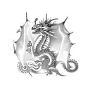 A mechanical dragon breathing fire, surrounded by intricate gears and symbols from Dungeons and Dragons tattoo design idea