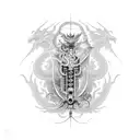 A mechanical dragon breathing fire, surrounded by intricate gears and symbols from Dungeons and Dragons tattoo design idea