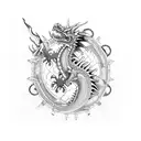 A mechanical dragon breathing fire, surrounded by intricate gears and symbols from Dungeons and Dragons tattoo design idea