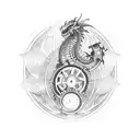 A mechanical dragon breathing fire, surrounded by intricate gears and symbols from Dungeons and Dragons tattoo design idea