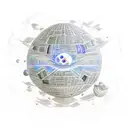 An ethereal Death Star floating in space, surrounded by celestial bodies and constellations inspired by Dungeons and Dragons tattoo design idea