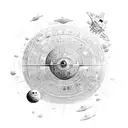 An ethereal Death Star floating in space, surrounded by celestial bodies and constellations inspired by Dungeons and Dragons tattoo design idea