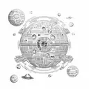 An ethereal Death Star floating in space, surrounded by celestial bodies and constellations inspired by Dungeons and Dragons tattoo design idea