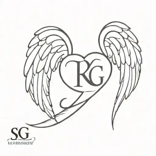 angel wings with heart beat and initials KG and SG tattoo design idea