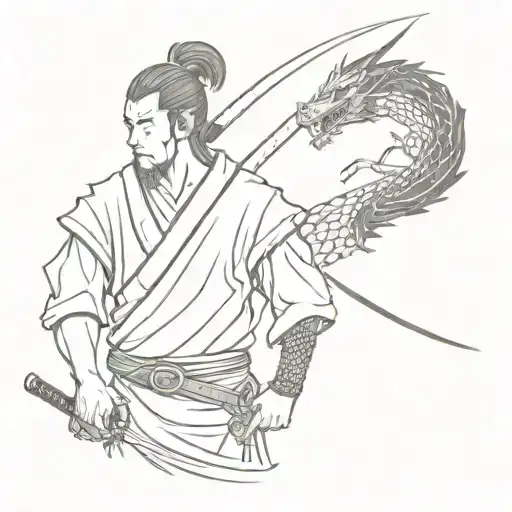 samurai and dragon with katana tattoo design idea