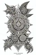 I want a tattoo with Aztec art, that represents 3 brothers, 2 on a different quantum plane. It uses lines and figures. tattoo design idea