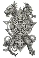 I want a tattoo with Aztec art, that represents 3 brothers, 2 on a different quantum plane. It uses lines and figures. tattoo design idea