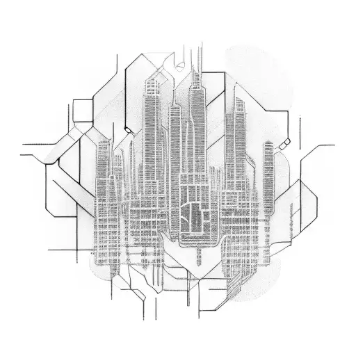 An abstract representation of a futuristic skyline, with circuit board patterns integrated into the buildings tattoo design idea