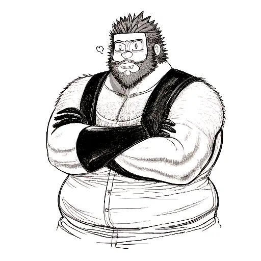 bear hairy chubby man with beard at Dorohedoro style tattoo design idea