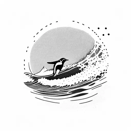 penguin surfing a wave tattoo design idea