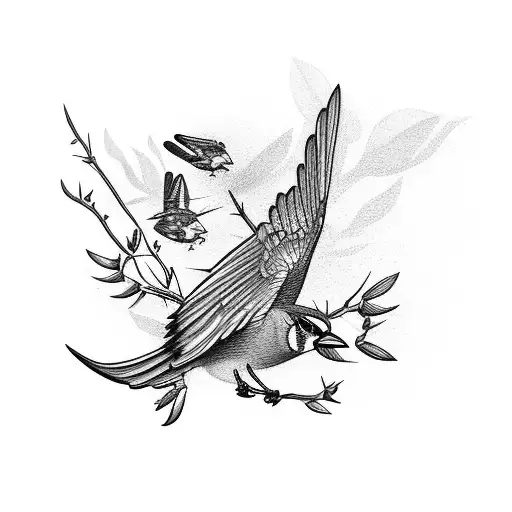 sparrow flying betwen branches and insects tattoo design idea