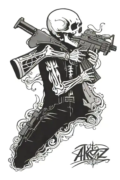 skeleton with ak 47 rifile tattoo design idea
