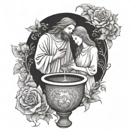 Jesus and the woman by the well on the surface of a tall vase full of water tattoo design idea