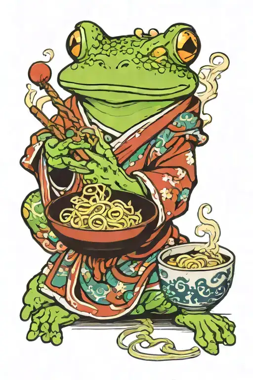 green frog wearing a Japanese robe and eating a bowl of ramen tattoo design idea