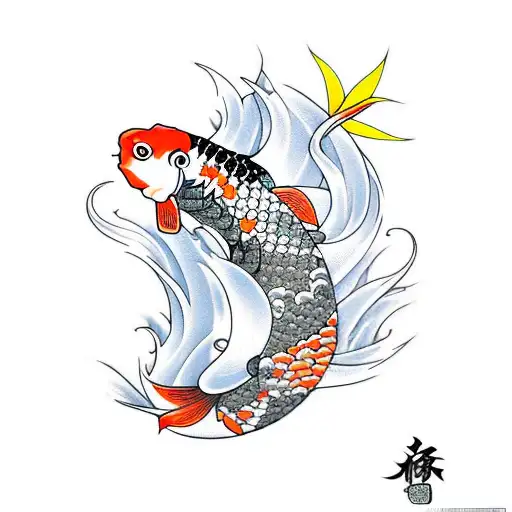 pez koi naranja con flores de cerezo y olas tattoo design idea
