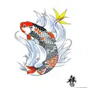 pez koi naranja con flores de cerezo y olas tattoo design idea