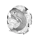 pez koi naranja con flores de cerezo y olas tattoo design idea