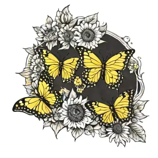 yellow butterflies, and sunflowers tattoo design idea