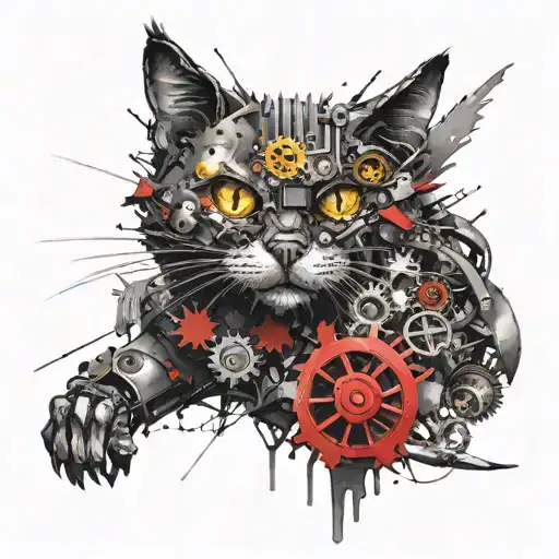 A cat with mechanical wings and gears, symbolizing the connection between nature and metal tattoo design idea