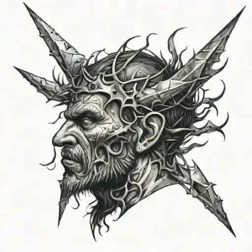 A dark and eerie tattoo of Beelzebub with a crown of thorns, surrounded by a stormy sky tattoo design idea