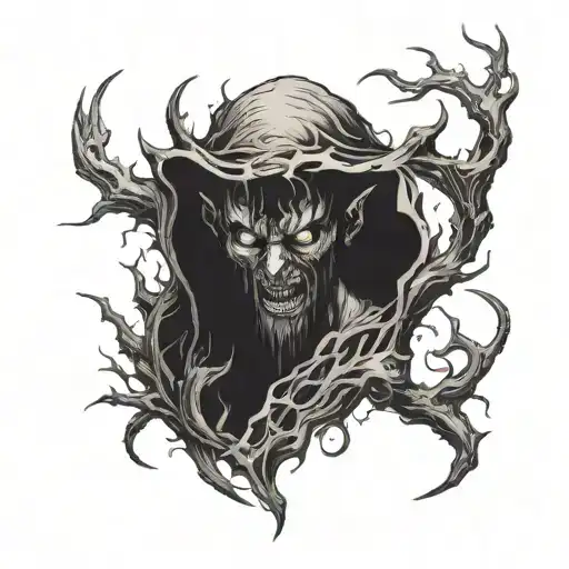A demonic interpretation of Beelzebub surrounded by a dark forest scene tattoo design idea
