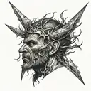 A dark and eerie tattoo of Beelzebub with a crown of thorns, surrounded by a stormy sky tattoo design idea