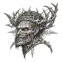A dark and eerie tattoo of Beelzebub with a crown of thorns, surrounded by a stormy sky tattoo design idea