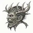 A dark and eerie tattoo of Beelzebub with a crown of thorns, surrounded by a stormy sky tattoo design idea