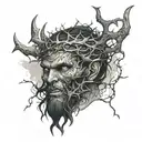 A dark and eerie tattoo of Beelzebub with a crown of thorns, surrounded by a stormy sky tattoo design idea