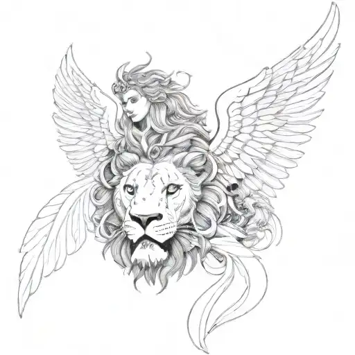guardian angel with phoenix and lion tattoo design idea